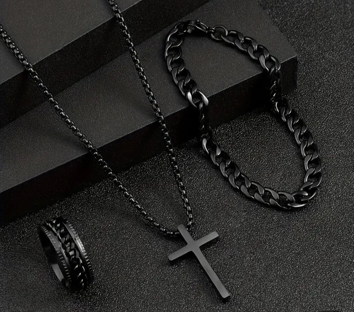 Stainless steel cross necklace, bracelet and ring all black set