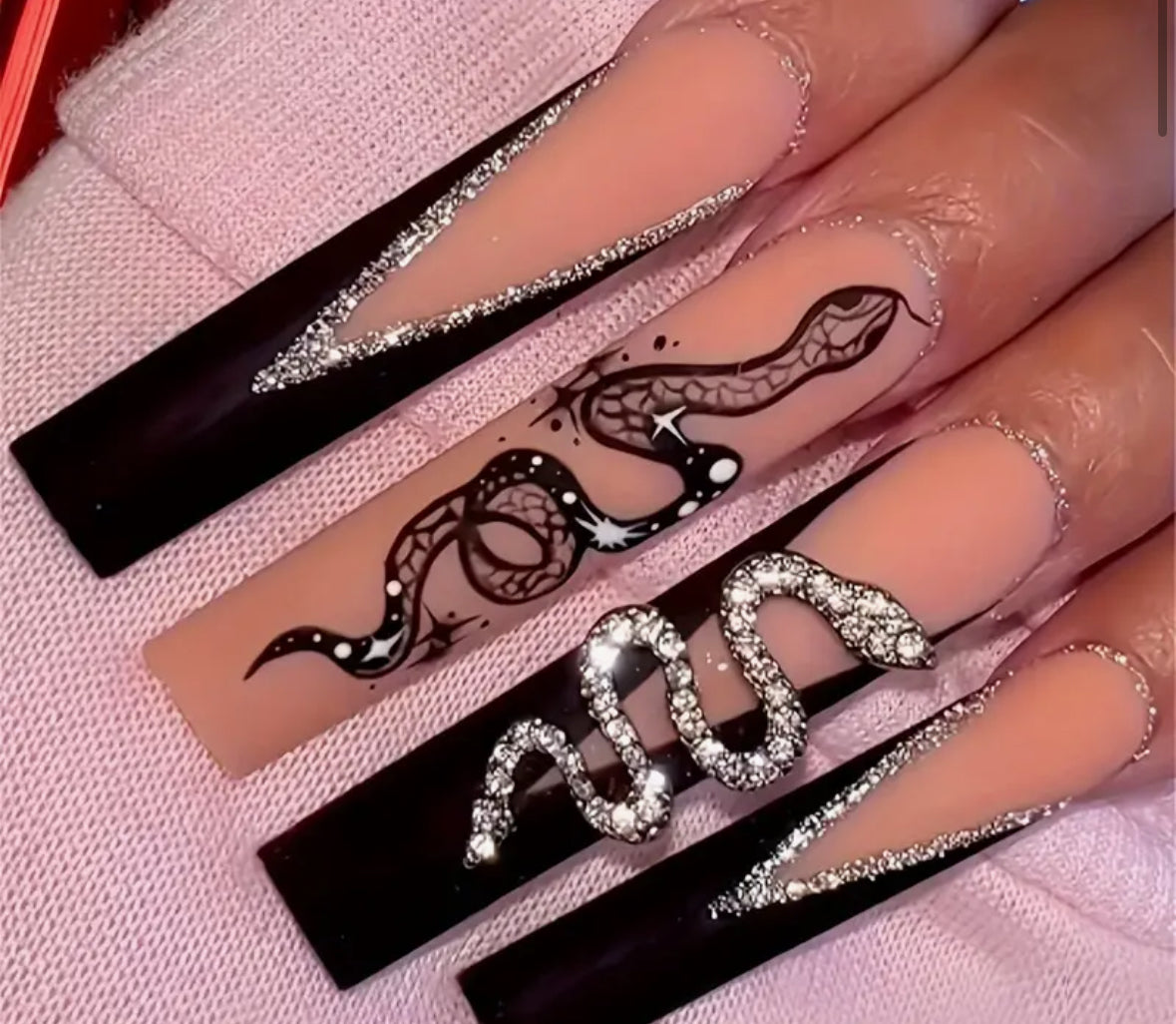 Glossy fake long nails black French tips and silvery and glitter designs