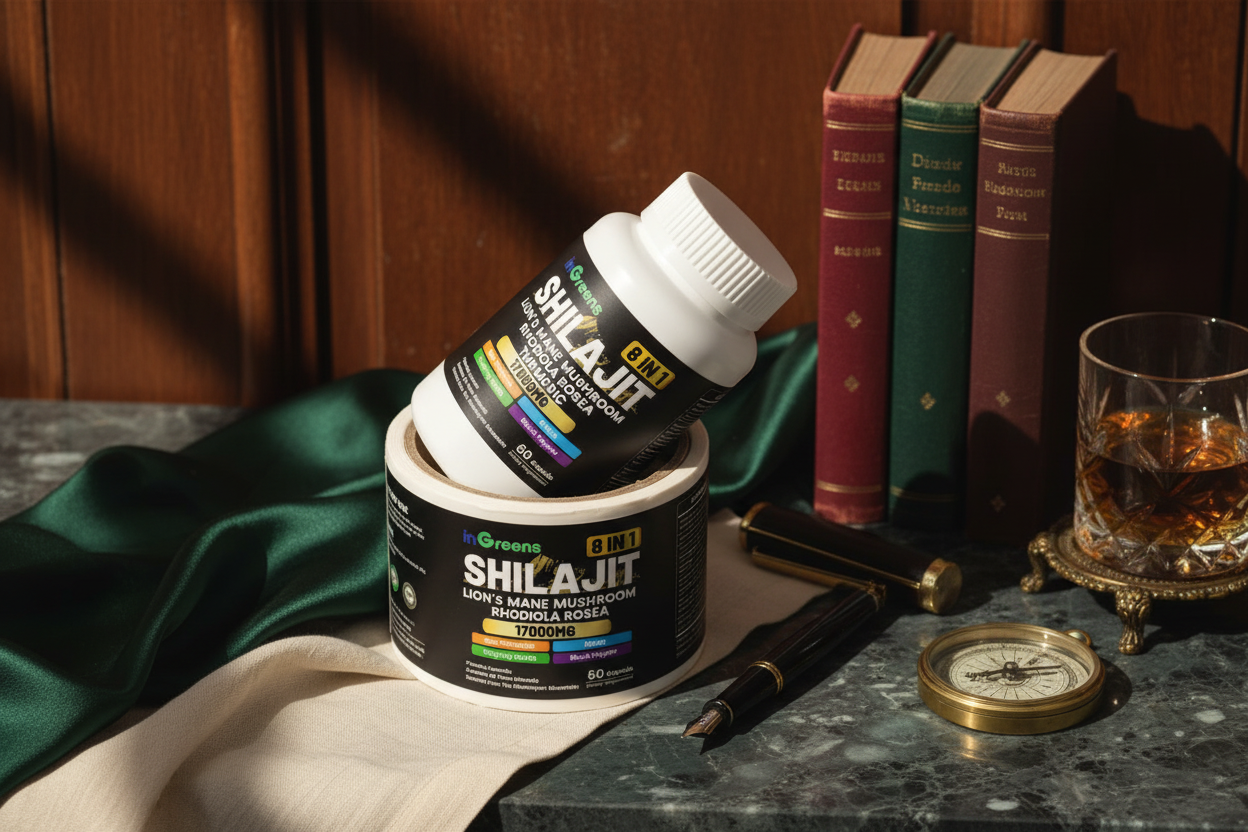 Shilajit containers on a marble surface with books and a glass of whiskey in the background