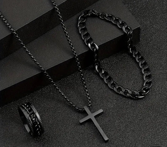 Stainless steel cross necklace,  bracelet and ring all black set