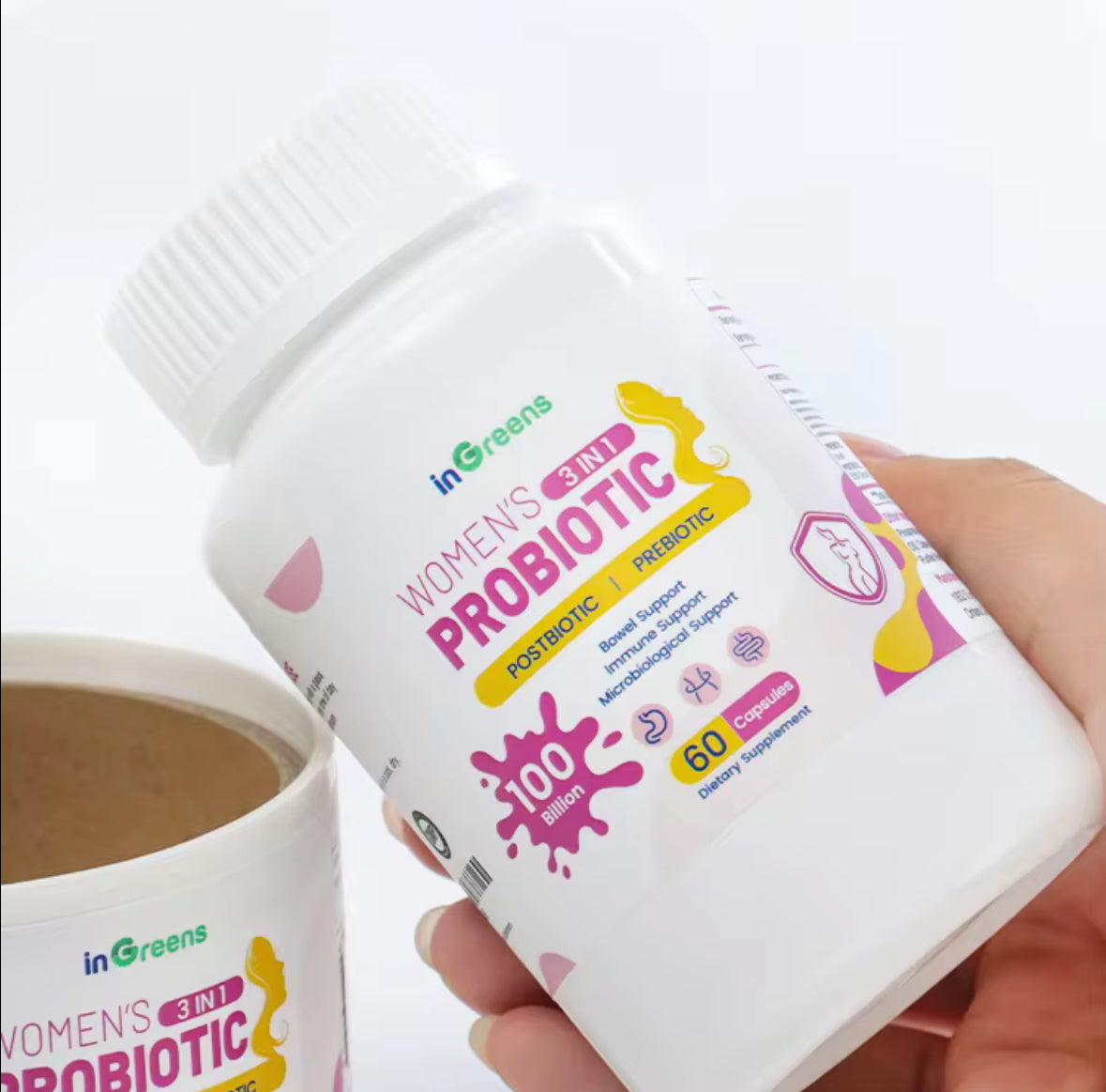 Close up of custom product labels applied to plastic bottles