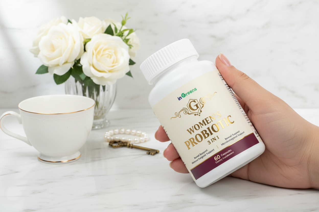 Hand holding a bottle of Women's Probiotic 30+ with a cup and flowers in the background.